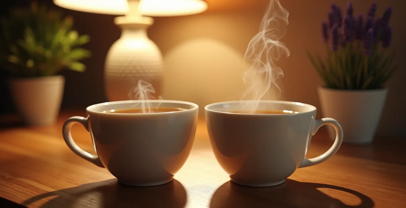 A calming evening tea ritual with a steaming cup of herbal tea, shown as a healthy alternative to an alcohol nightcap.