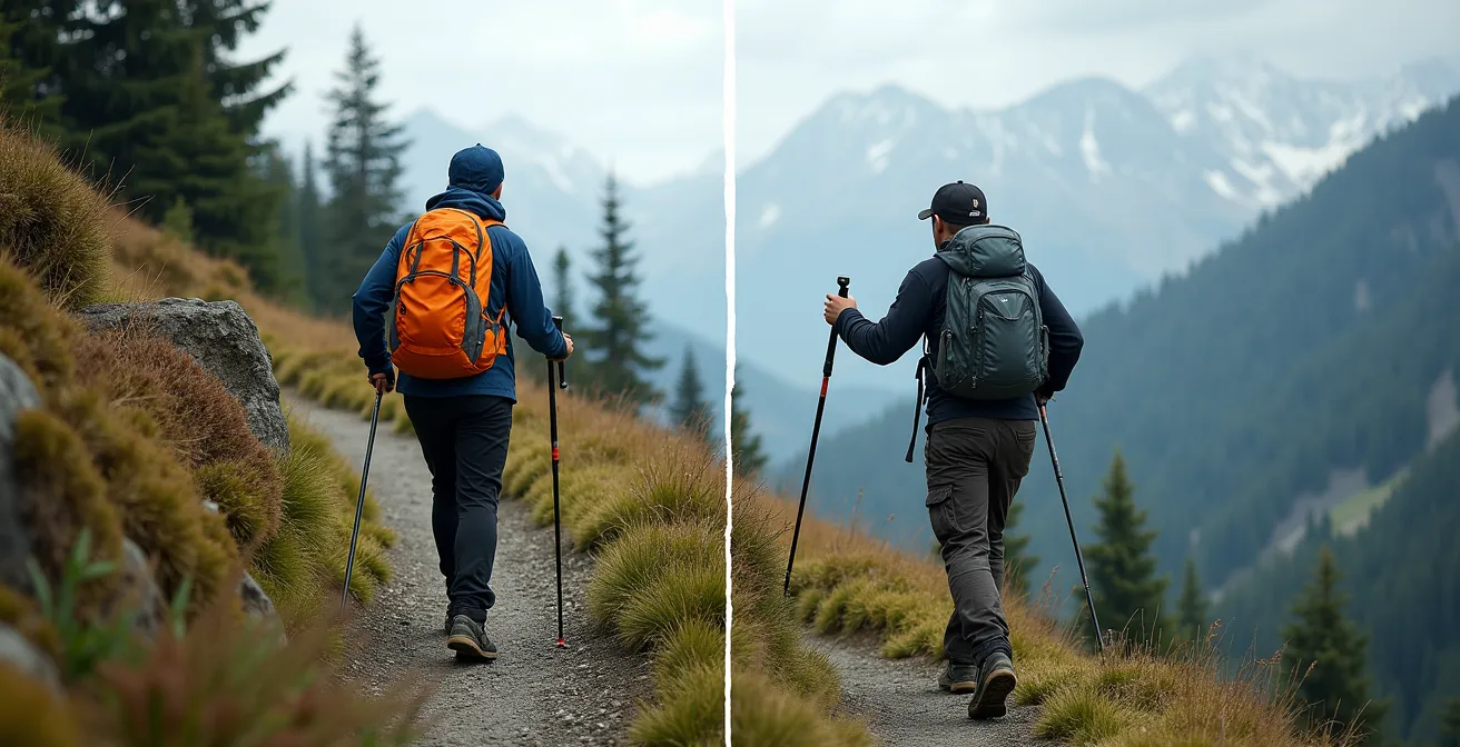 Side view comparison showing correct versus incorrect pole lengths on steep Canadian hill terrain