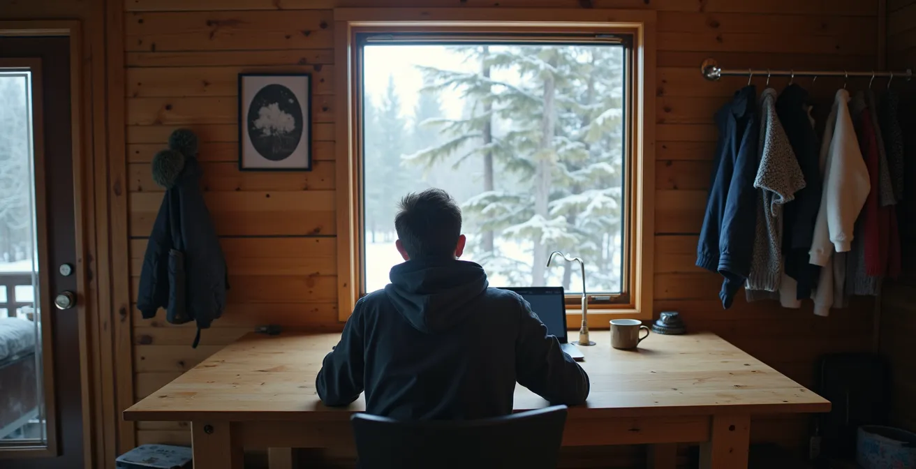 Remote Northern Ontario home with person preparing for virtual health consultation in rustic Canadian setting
