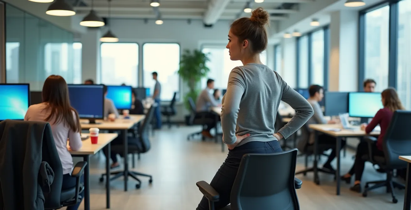 Professional demonstrating discreet hip flexor stretch in Canadian open office