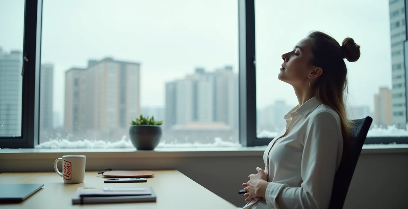 Professional practicing breathing technique at desk with Canadian office view
