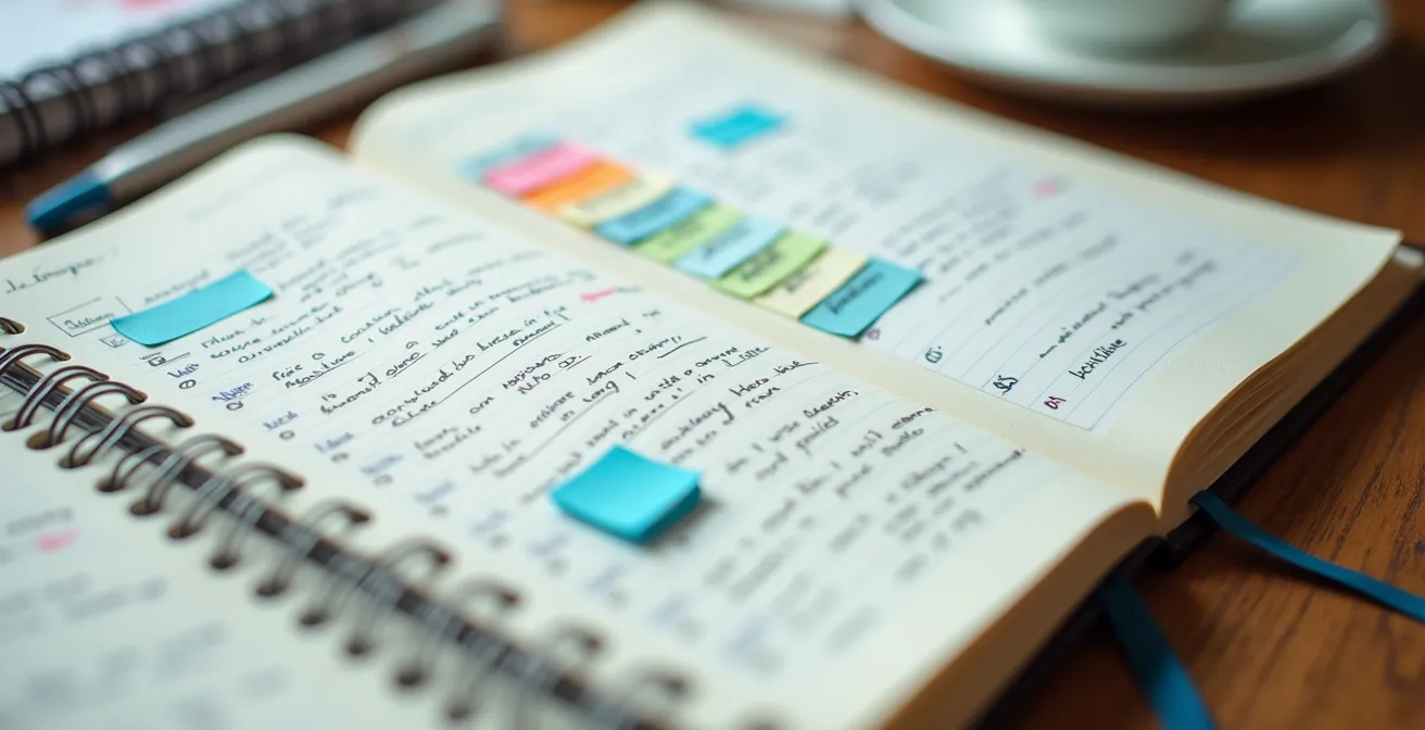 Clean organized health tracking notebook with color-coded tabs and calendar markings