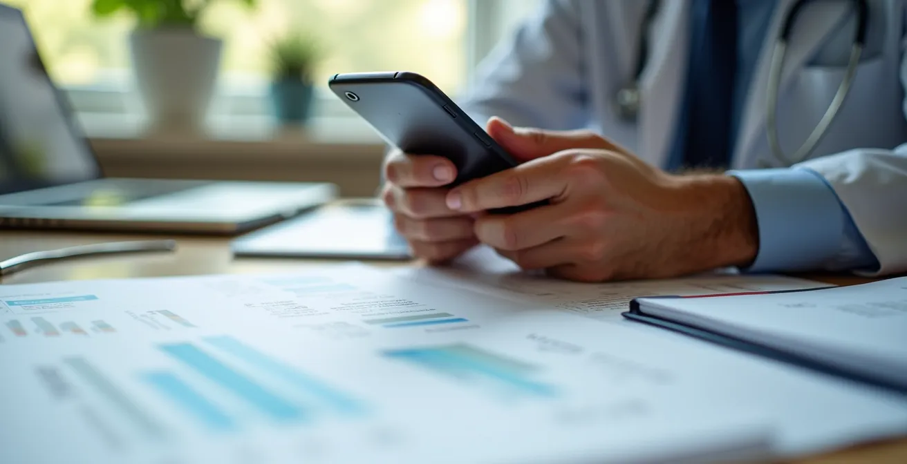 A person making an organized phone call with medical documents ready on the desk.