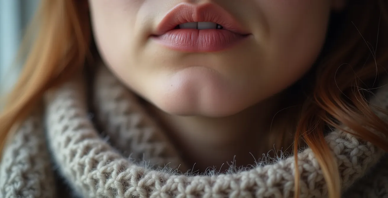 Close-up of person's throat and chest area showing gentle vibration during humming exercise