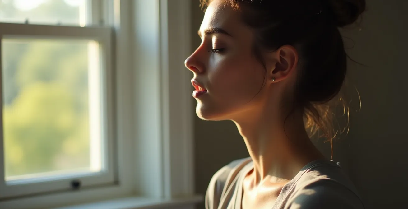 Close-up of a person demonstrating the double-inhale breathing exercise with eyes closed in concentration.