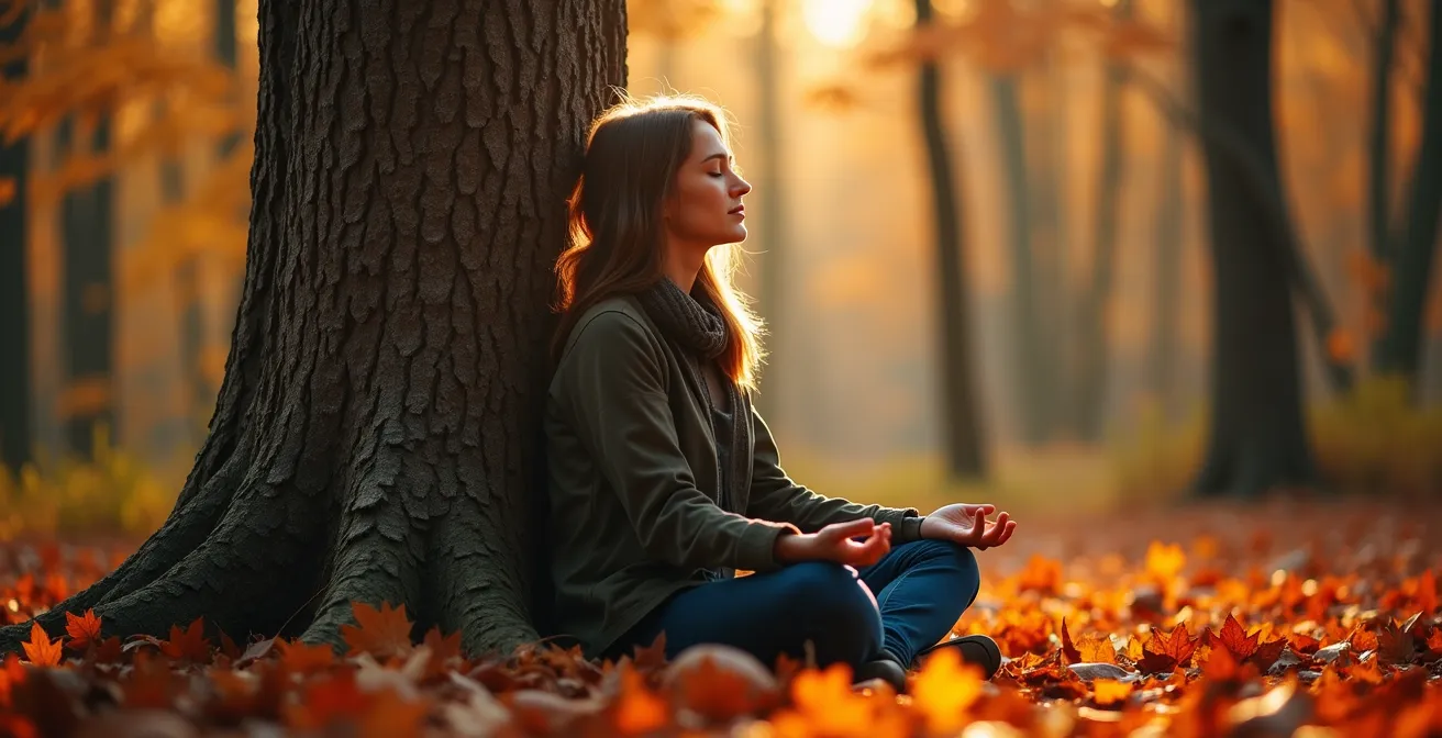 Individual sitting quietly against a large maple tree practicing mindful observation in autumn