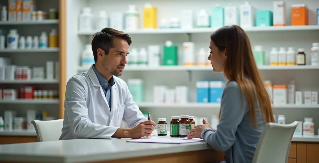 Pharmacist and patient reviewing herbal supplements in a professional consultation