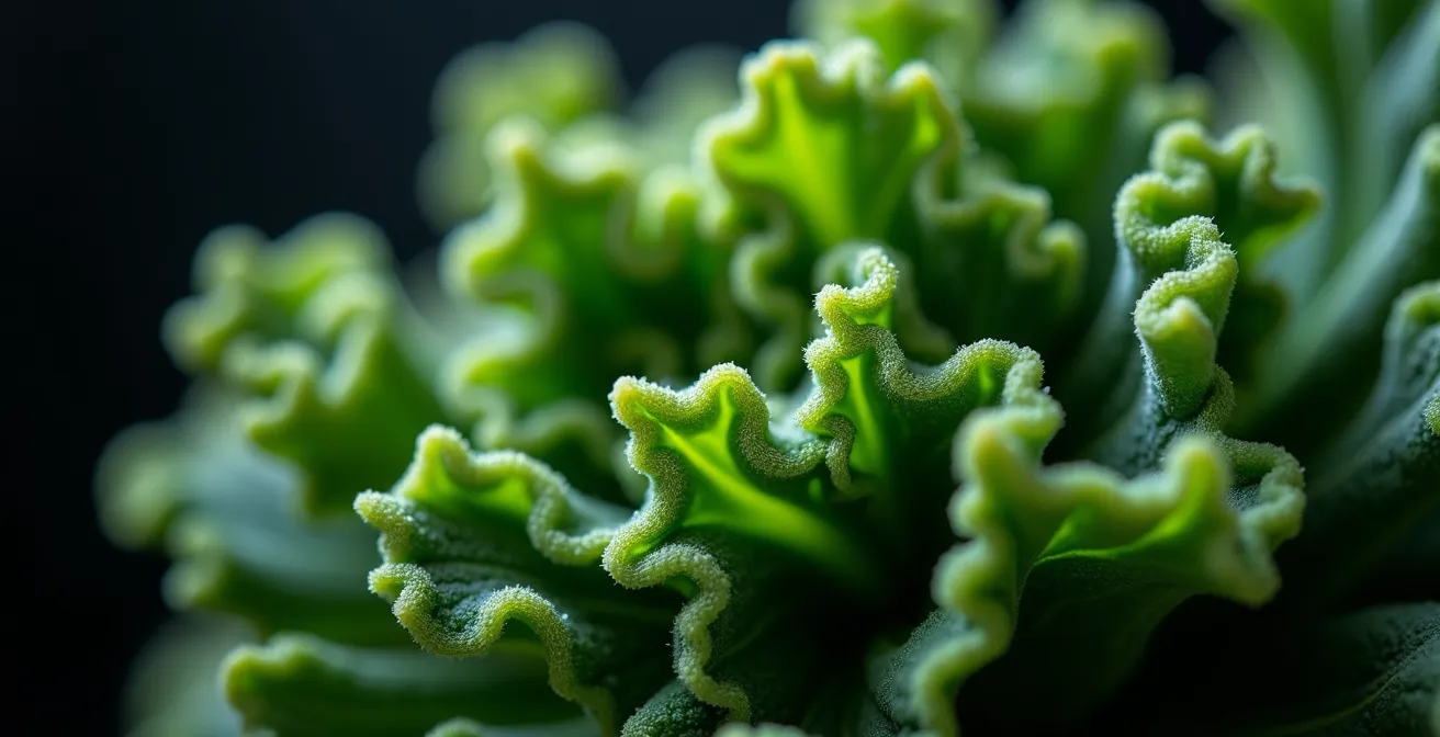 An extreme close-up macro shot of a raw kale leaf, highlighting its fibrous and complex texture to symbolize difficulty in digestion.