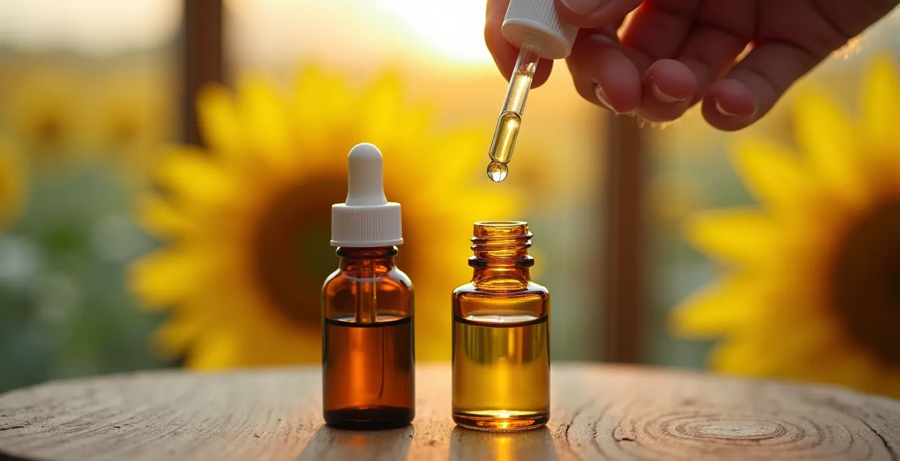 Hands demonstrating proper oil dilution technique with dropper and carrier oil bottles