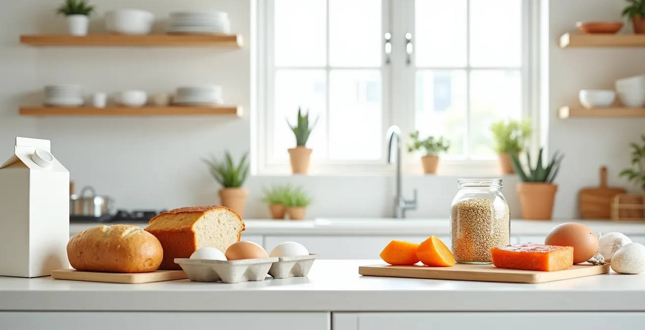 Colorful array of alternative foods arranged on a bright kitchen counter showing dairy-free, gluten-free options
