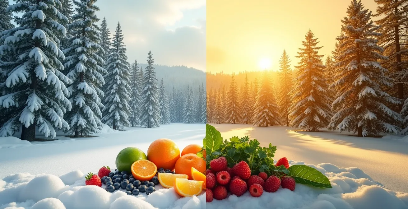 Editorial photograph depicting seasonal vitamin cycling concept for Canadian climate