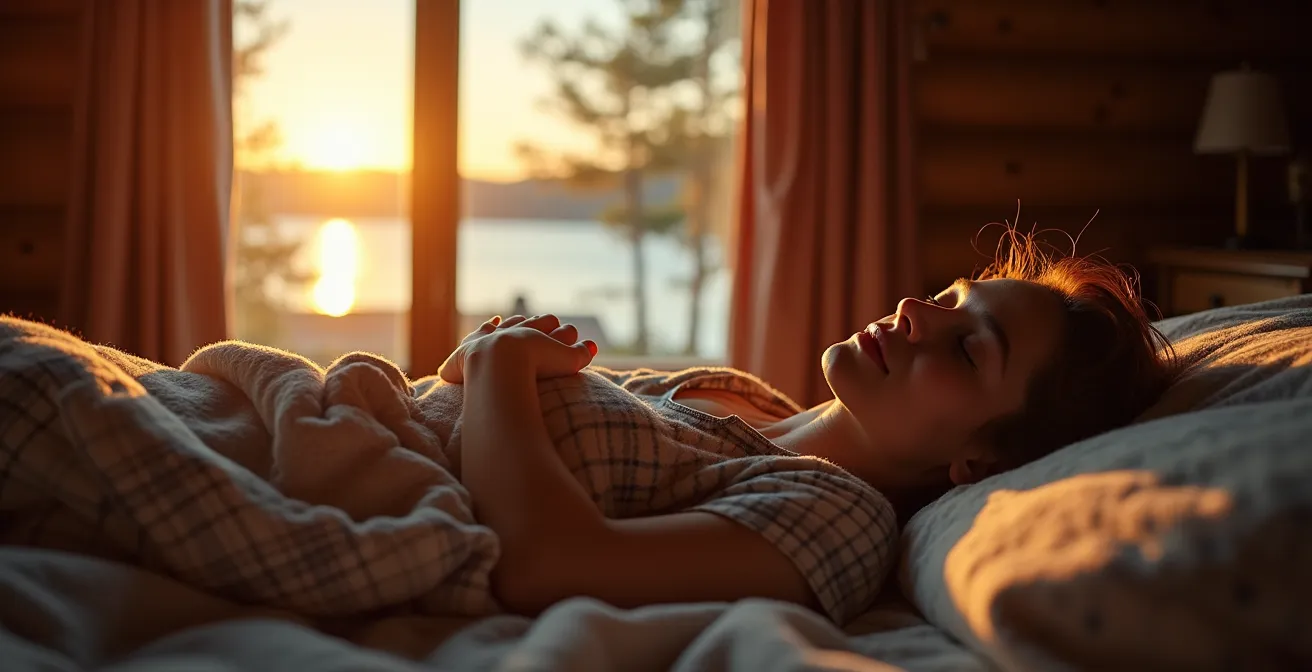 Peaceful Canadian cottage bedroom at dawn showing natural sleep environment