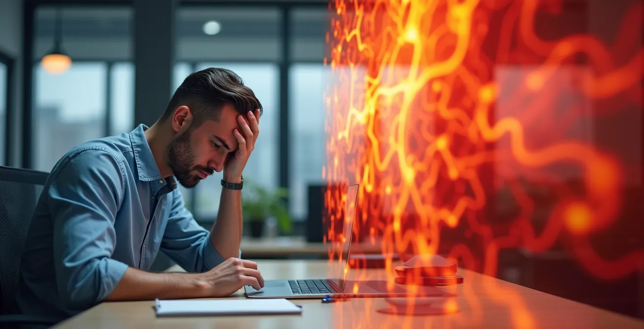 Person at desk showing physical signs of stress with abstract inflammatory response visualization