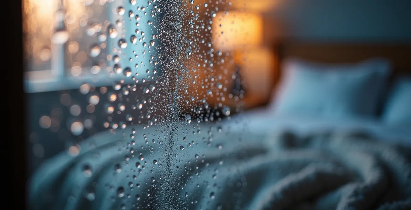 Extreme close-up of condensation droplets on a cool bedroom window with warm bedding textures in the background