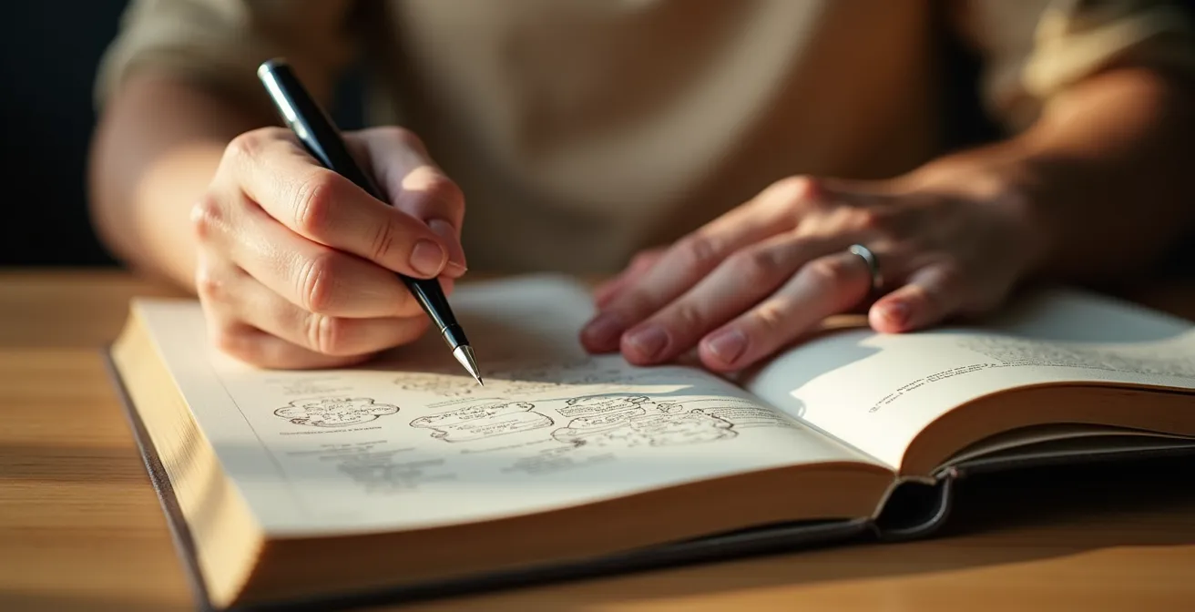 Hands writing in a journal with soft lighting creating a safe atmosphere