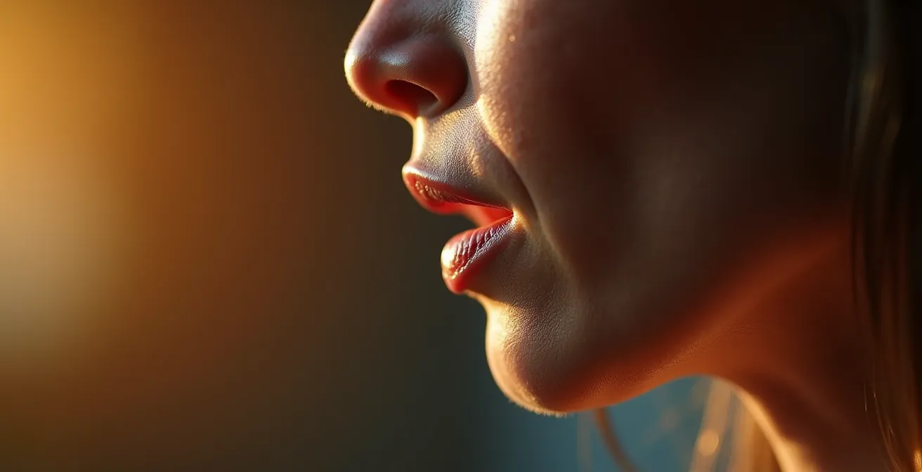 Macro close-up showing jaw muscle tension and TMJ area with dramatic lighting
