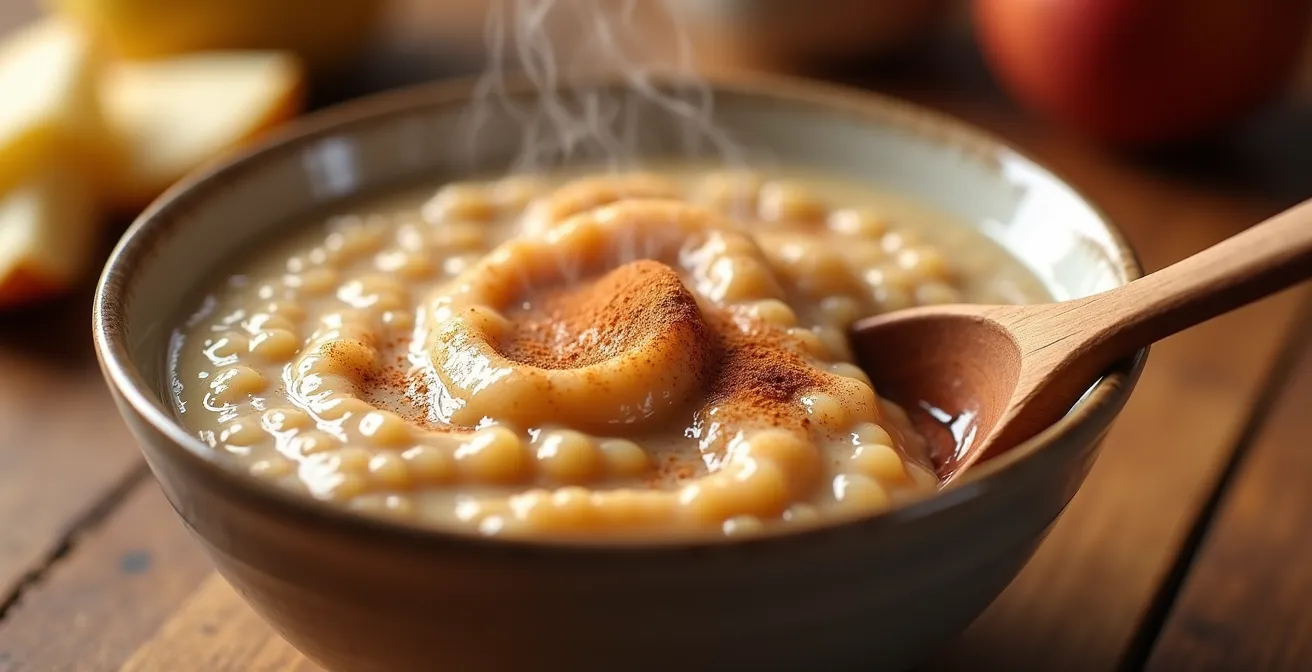 Extreme close-up of creamy porridge with cinnamon and cooked pear showing steam and texture
