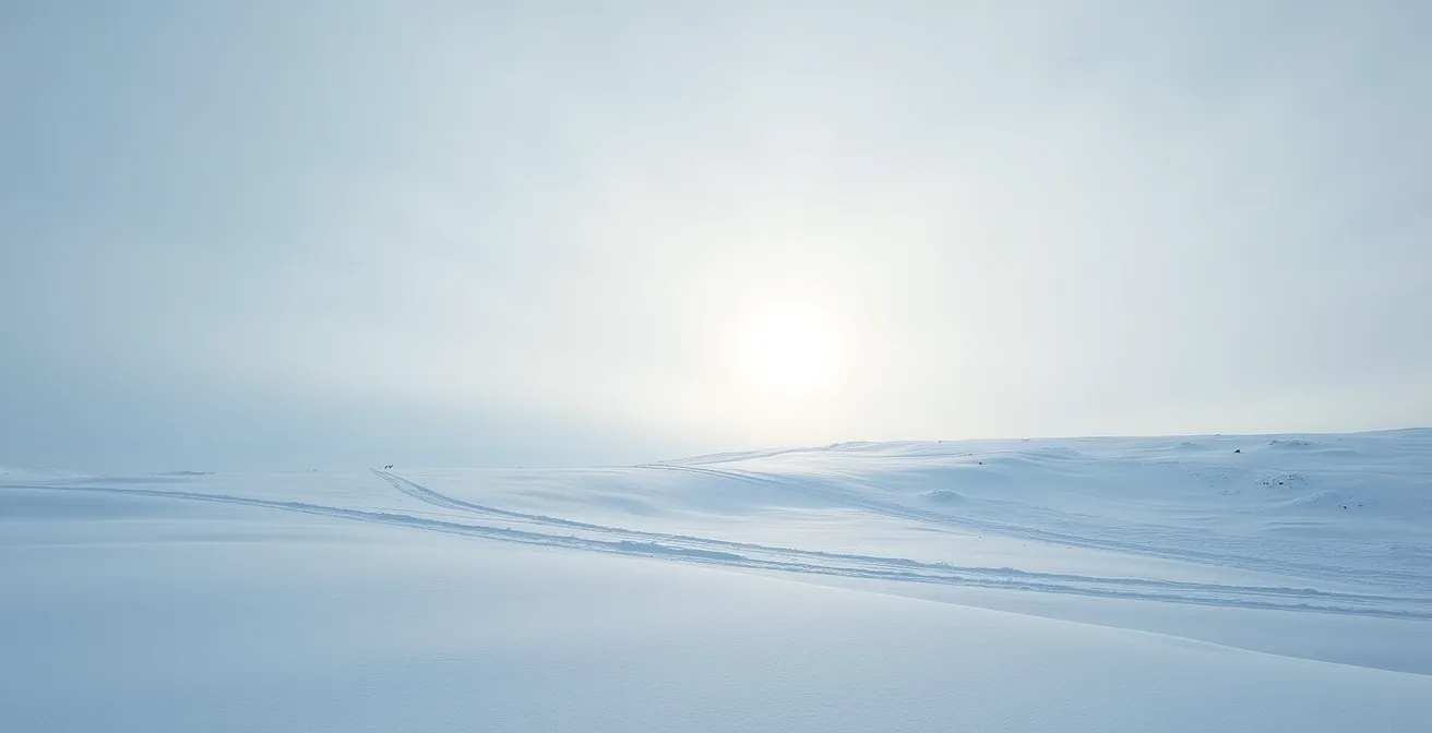 A wide, minimalist view of a snow-covered Canadian field with a very low and pale winter sun near the horizon, symbolizing the lack of UVB rays for Vitamin D synthesis.