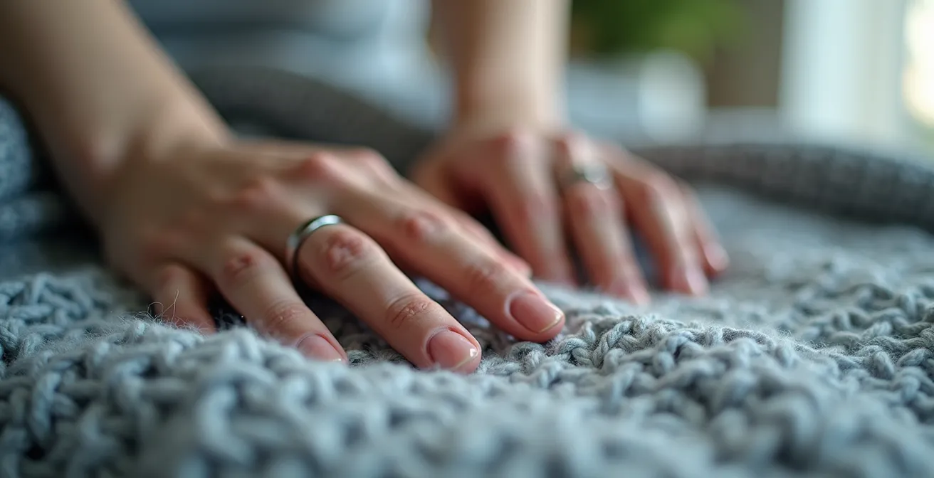 Close-up of hands touching a textured weighted blanket showing the deep pressure effect