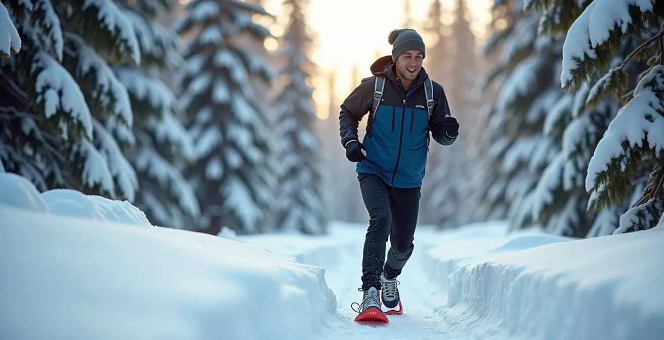 Person snowshoeing through Canadian forest with smartwatch visible on wrist