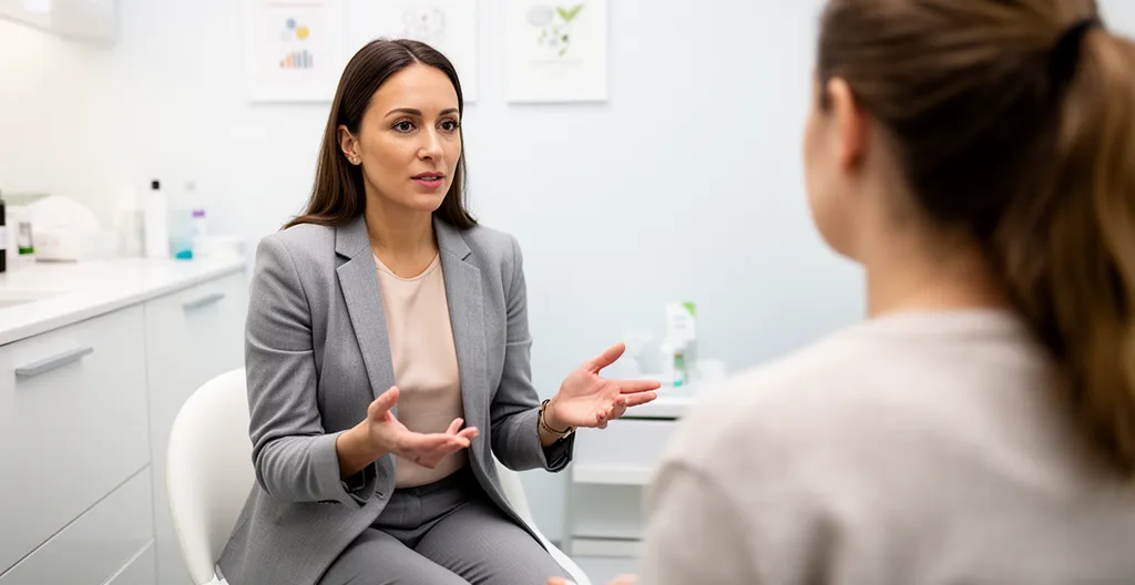Dietitian explaining digestive health concepts to patient in consultation room