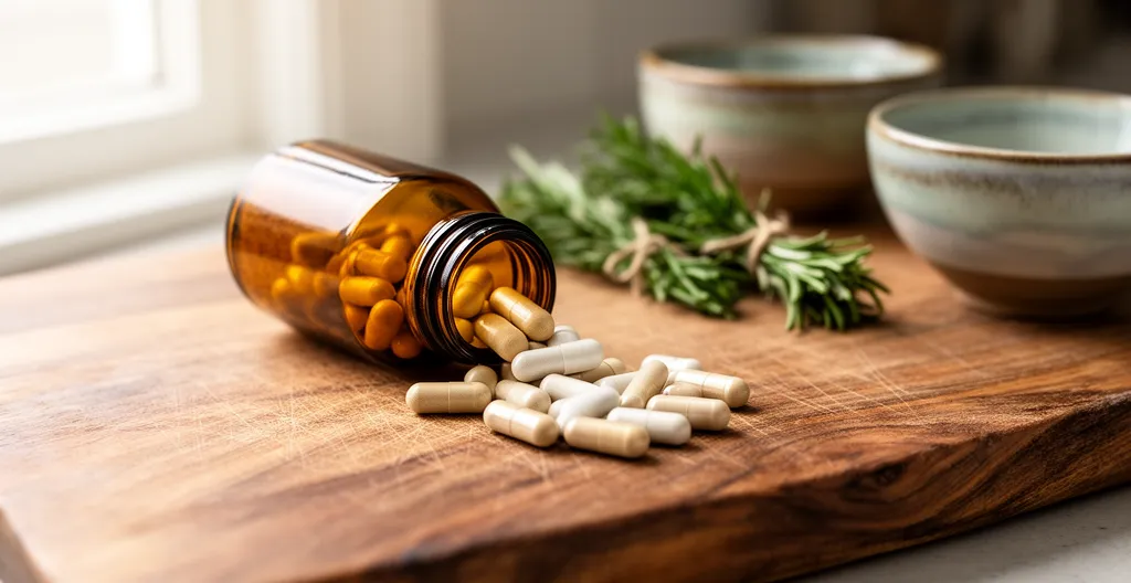 Probiotic supplement capsules spilling from amber glass bottle onto wooden cutting board