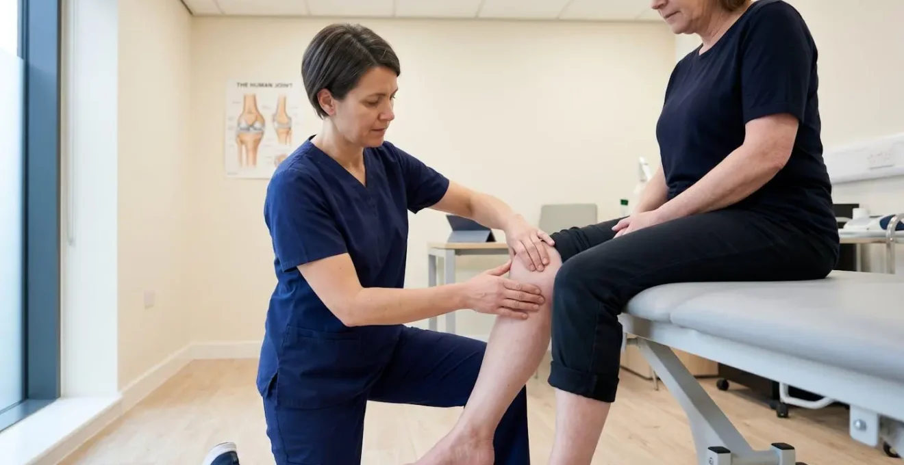 Physiotherapist examining a patient's knee joint during clinical assessment in a modern UK NHS consultation room, hands palpating knee to evaluate joint integrity and alignment