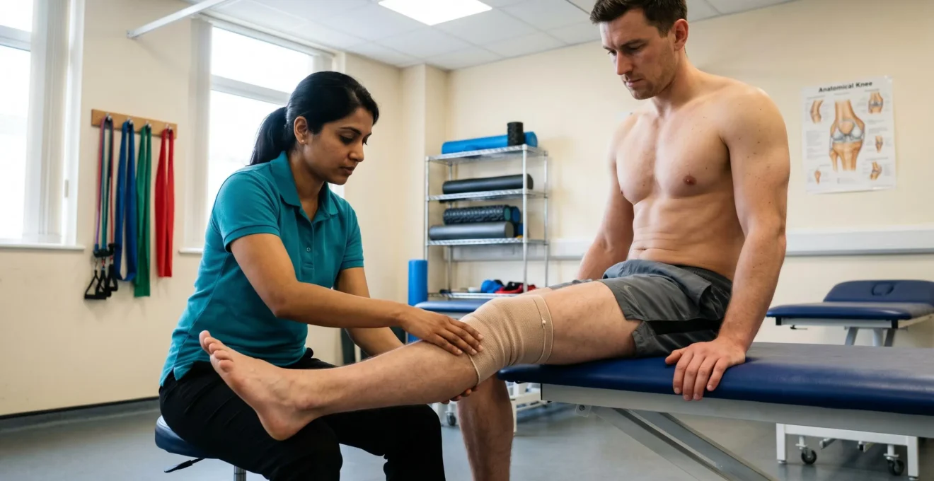 Physiotherapist guiding a patient through knee extension strengthening exercise on a rehabilitation plinth, demonstrating post-injury rehabilitation protocol to prevent long-term joint degeneration