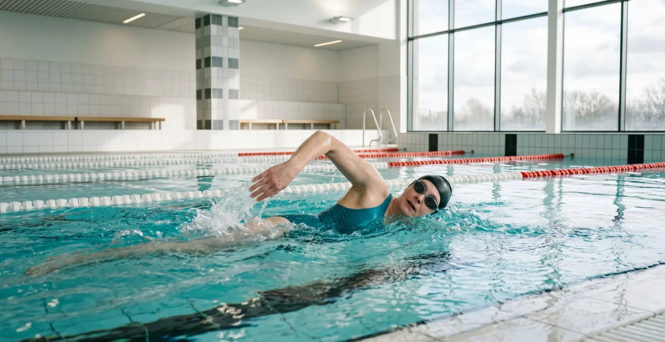 Woman in her late fifties swimming front crawl in an indoor public pool, demonstrating low-impact aerobic exercise recommended for knee osteoarthritis prevention and weight management