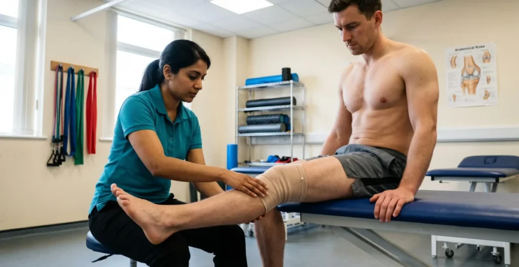 Physiotherapist guiding a patient through knee extension strengthening exercise on a rehabilitation plinth, demonstrating post-injury rehabilitation protocol to prevent long-term joint degeneration